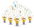 Group of shining light bulbs and set of icons, business ideas creative concept, teamwork, business team. Royalty Free Stock Photo