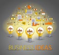 Group of shining light bulbs and set of icons, business ideas creative concept, teamwork, business team. Royalty Free Stock Photo