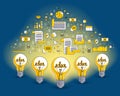 Group of shining light bulbs and set of icons, business ideas creative concept, teamwork, business team. Royalty Free Stock Photo