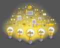 Group of shining light bulbs and set of icons, business ideas creative concept, teamwork, business team. Royalty Free Stock Photo