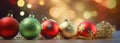 Group of shiny colorful christmas ornaments on a background with blurry boke of lights. Generative AI