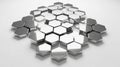 Group of shiny metallic silver hexagonal prisms stacked randomly creating an abstract three-dimensional background pattern on Royalty Free Stock Photo