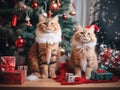 Group shot of cute and beautiful cats with Christmas theme sitting underneath the Christmas tree decorated with Christmas presents Royalty Free Stock Photo