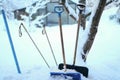 Group of shovels in high snow