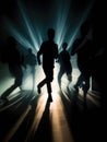 A group of silhouette figures are seen fleeing a beam of blinding light their outlines blurring as they run.. AI