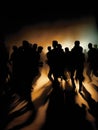 A group of silhouette figures are seen fleeing a beam of blinding light their outlines blurring as they run.. AI