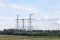 Group silhouette of transmission towers power tower, electricity pylon, steel lattice tower . Texture high voltage Royalty Free Stock Photo