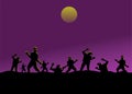 Group of silhouette zombies have moon and purple sky background,