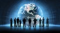 Silhouettes of businessmen standing around a world globe