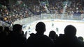 A group of silhouettes of young people watching hockey match in a closed stadium