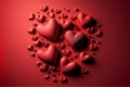 Group of silk red hearts random scatter on red background, creative digital illustration painting