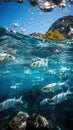 Group of Silver Sardines Swimming in Ocean Seascape Blurry Background