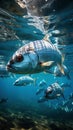 Group of Silver Sardines Swimming in Ocean Seascape Blurry Background