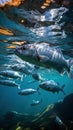 Group of Silver Sardines Swimming in Ocean Seascape Blurry Background