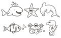 Group of six animals, marine life, black and white, eps.