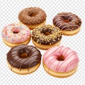 Group of Six Assorted Glazed Donuts with Chocolate, Pink Icing, Sprinkles, and Chopped Nuts, Transparent Background Royalty Free Stock Photo