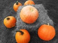 Harvest pumpkins on a straw bale.