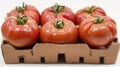 A group of six tomatoes are in a cardboard box, AI Royalty Free Stock Photo