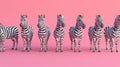 A group of six zebras standing in a row on pink background, AI