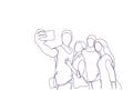 Group Of Sketch People Taking Self Portrait Photo On Smart Phone Camera Doodle Men And Women