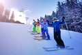 Group ski sports kids portrait on mountain slope Royalty Free Stock Photo