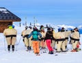 Group of skiers in the inflatable costumes. Valley Val Thorens