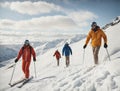 Group of skiers walking on snow in mountains.