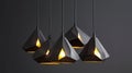 a group of sleek, modern pendant lights featuring geometric lampshades, suspended gracefully from regular electric