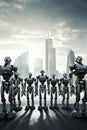 Sophisticated robots stand are arranged in a row, backdrop of a glittering city. Generative AI
