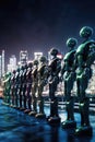 Sophisticated robots stand are arranged in a row, backdrop of a glittering city. Generative AI