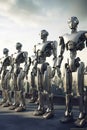 Sophisticated robots stand are arranged in a row, backdrop of a glittering city. Generative AI
