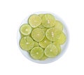 Group sliced green limes in a white dish