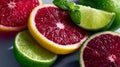 A group of sliced limes and grapefruits on a blue surface Royalty Free Stock Photo