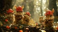 A group of small animals wearing red hats and holding fire extinguishers, AI