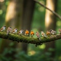 A group of small birds perched on a moss-covered branch in a lush, green forest setting. The birds Royalty Free Stock Photo