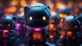 A group of small black cat figurines with glowing eyes, AI