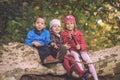 Group of small caucasian children sitting on autumn tree Royalty Free Stock Photo