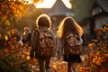 Group of small children going back to school on sunny autumn day. Kids with backpacks on first day of kindergarten. Heading to