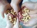 a group of small children holding cashews