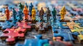 A group of small figurines are placed on a jigsaw puzzle, AI