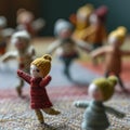 A group of small knitted dolls are on a rug, AI