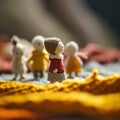 A group of small knitted dolls standing on a blanket, AI