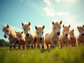 Group of small, light-colored horses standing on grass under sunlight Horses have long manes and coats with subtle shading Bright Royalty Free Stock Photo