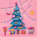 Group of small people decorating christmas tree. Little men wrapping presents under decorated Christmas tree. Xmas card hand drawn Royalty Free Stock Photo