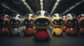 A group of small robots are lined up in a row, AI