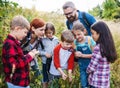 Group of school children with teacher on field trip in nature, learning science. Royalty Free Stock Photo