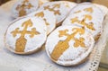 Group of small Tarta de Santiago on bakery store window of Santiago de Compostela Royalty Free Stock Photo