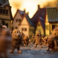 A group of small toy animals standing in front of a house. Generative AI image.