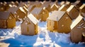 Group of small wooden houses sitting in the middle of snow covered field. Generative AI Royalty Free Stock Photo