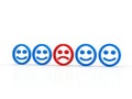 Group of smile faces neutral and one sad, Sad blue face in a group of smileys